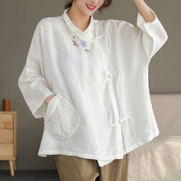 Women Spring Loose Retro Floral Embroidery Irregular Linen Blouse