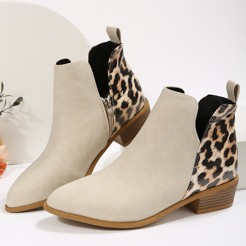 Leopard Print V Cut Patchwork Pointed Toe Ankle Boots