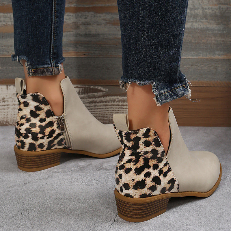 Leopard Print V Cut Patchwork Pointed Toe Ankle Boots