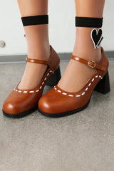 Colorblock Stitch Detail Round Toe Patchwork Strap Buckle Chunky Heels