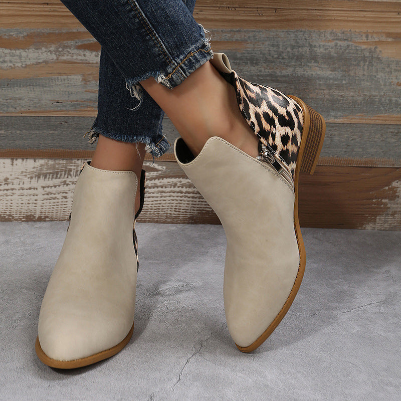 Leopard Print V Cut Patchwork Pointed Toe Ankle Boots