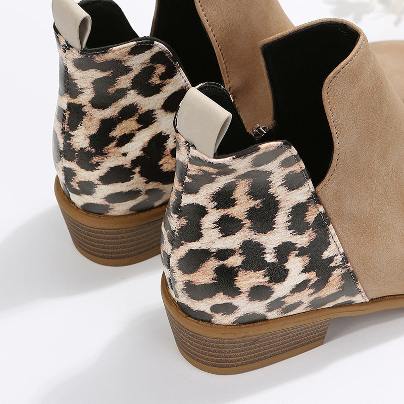 Leopard Print V Cut Patchwork Pointed Toe Ankle Boots