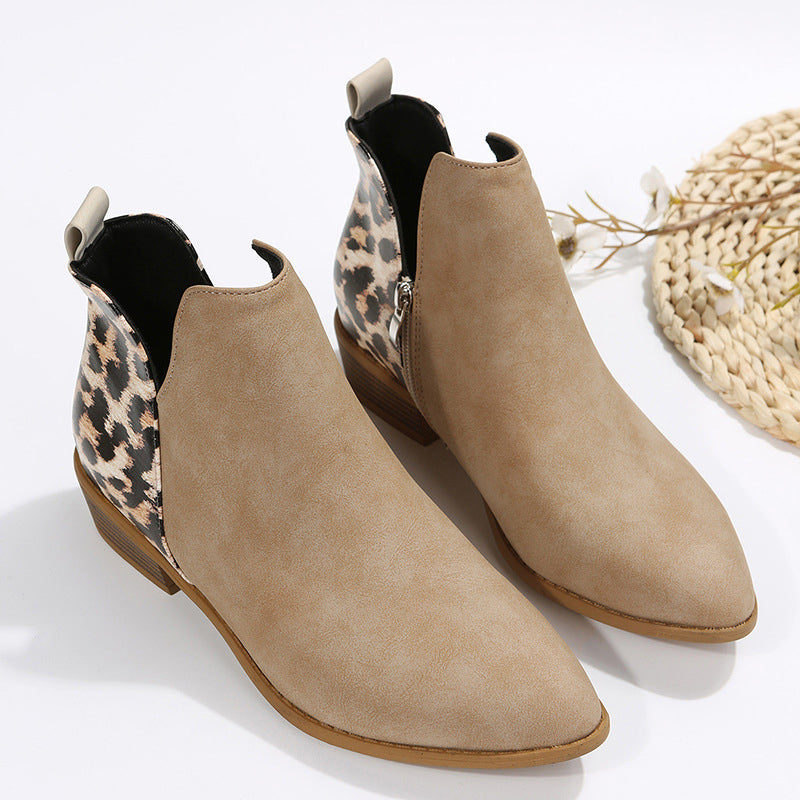 Leopard Print V Cut Patchwork Pointed Toe Ankle Boots