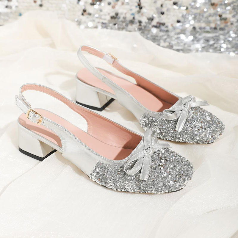 Sequin Bow Decor Square Toe Slingback Party Chunky Heels