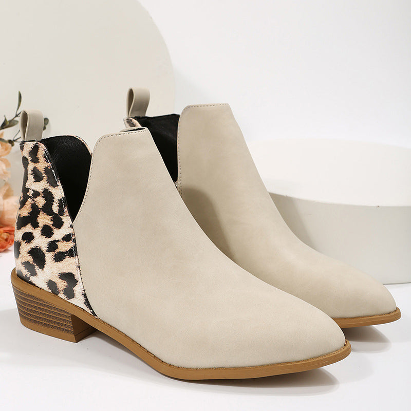 Leopard Print V Cut Patchwork Pointed Toe Ankle Boots