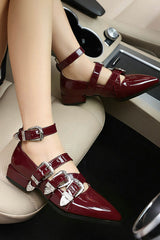 Metallic Buckle Patent Leather Ankle Strap Chunky Low Heels