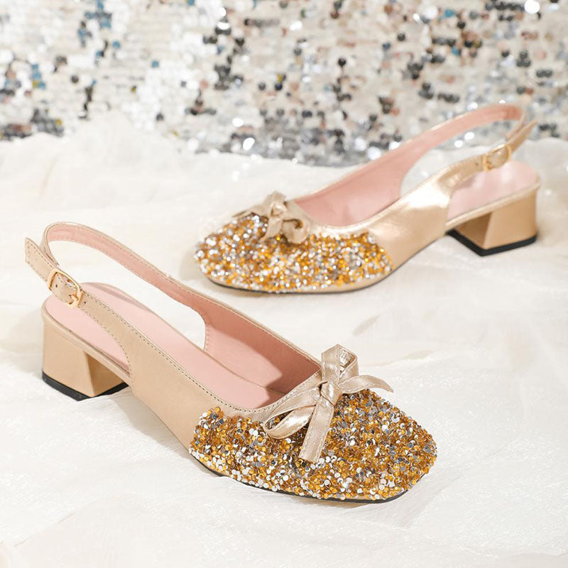 Sequin Bow Decor Square Toe Slingback Party Chunky Heels