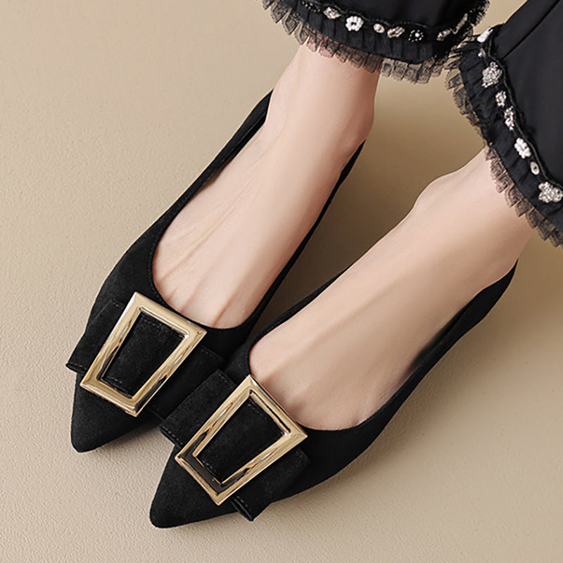 Fluffy Faux Leather Alloy Buckle Decor Pointy Toe Flats