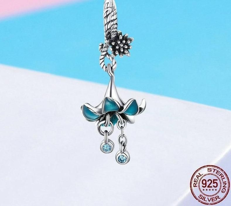 925 Sterling Silver Blue Enamel Flower Pendant Charm Jewelry Without Chain