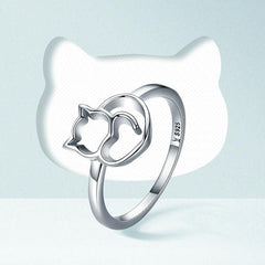 925 Sterling Silver Little Cat & Heart Finger Ring Charm Jewelry #SCR104