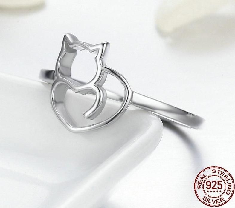 925 Sterling Silver Little Cat & Heart Finger Ring Charm Jewelry #SCR104