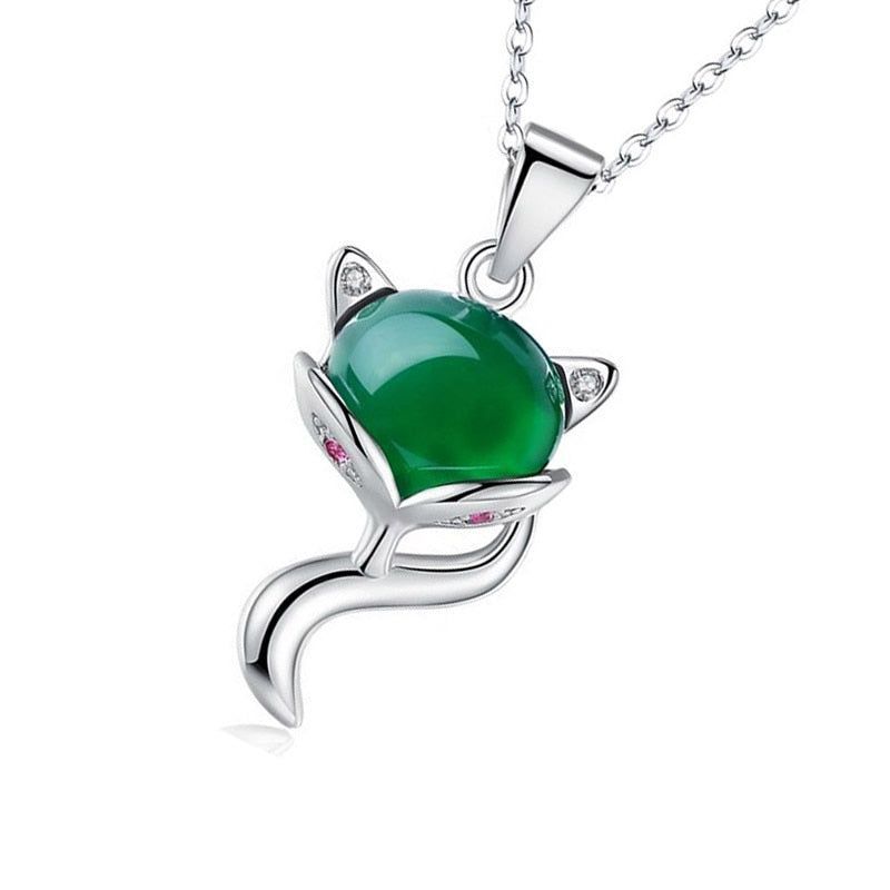 925 Sterling Silver Necklaces Charm Jewelry Natural Green Chalcedony Fox 201803304