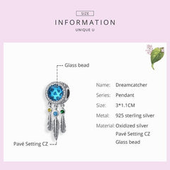 925 Sterling Silver Pendent Charm Jewelry Blue Dream Catcher #SCC1384