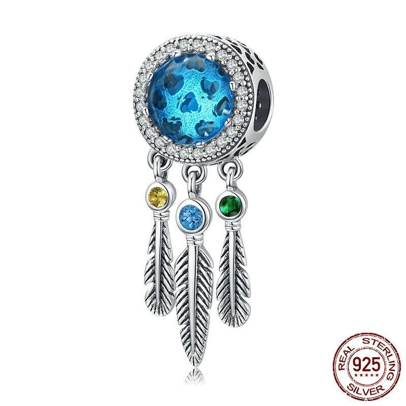 925 Sterling Silver Pendent Charm Jewelry Blue Dream Catcher #SCC1384