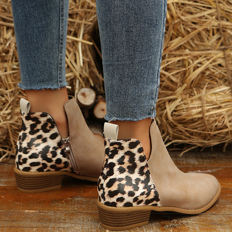 Leopard Print V Cut Patchwork Pointed Toe Ankle Boots