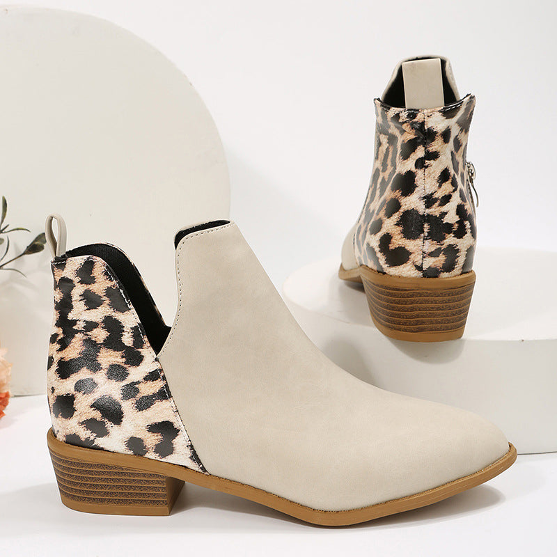 Leopard Print V Cut Patchwork Pointed Toe Ankle Boots