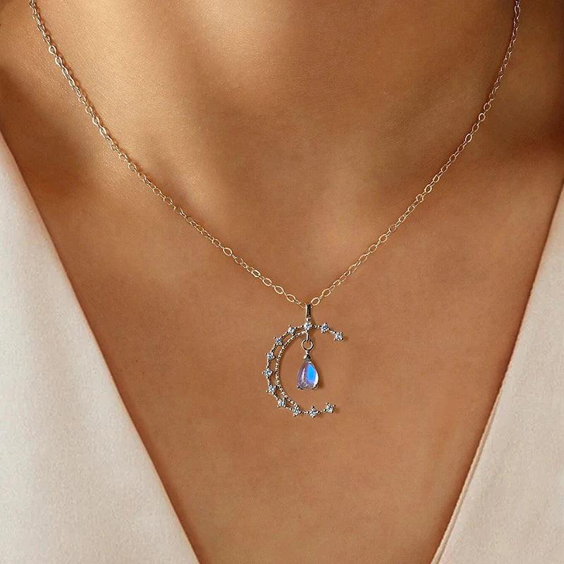 Blue Moonstone Water Drop 925 Sterling Silver Necklace Charm Jewelry - XF0085B1