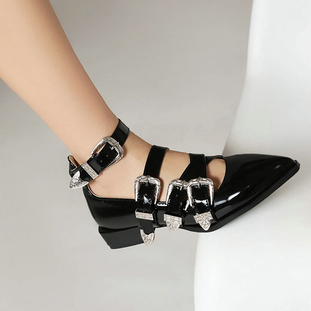 Metallic Buckle Patent Leather Ankle Strap Chunky Low Heels