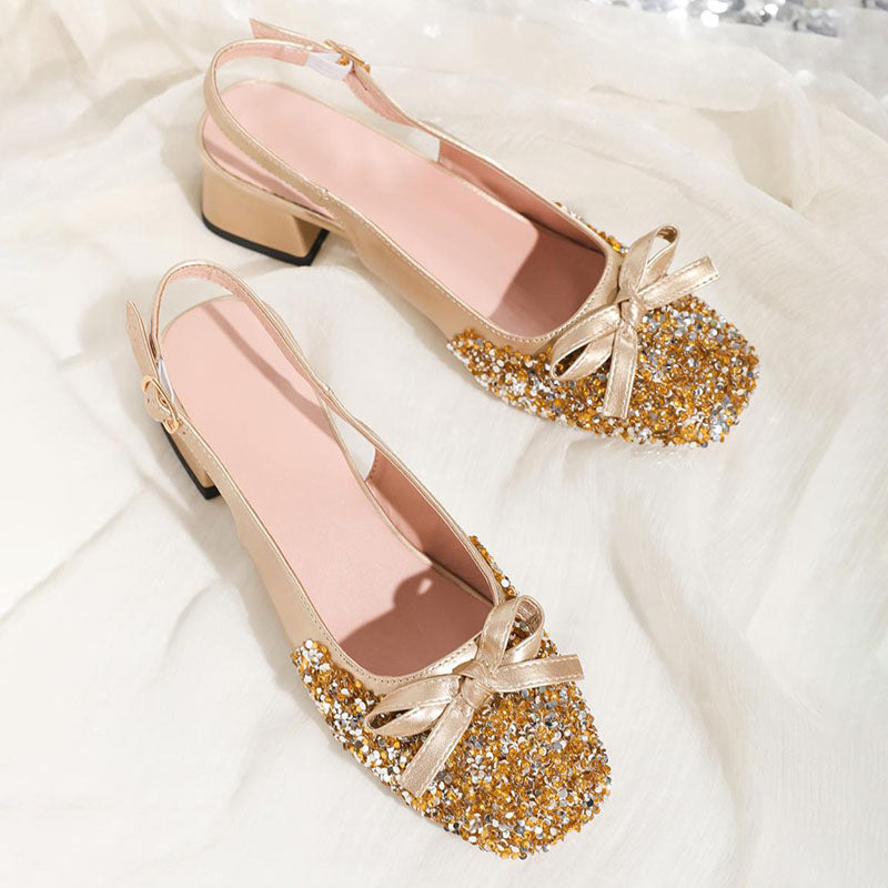 Sequin Bow Decor Square Toe Slingback Party Chunky Heels