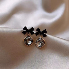 Drop Earrings Charm Jewelry ECJTX13 Black Bow Geometric Square Grey Crystal Gem