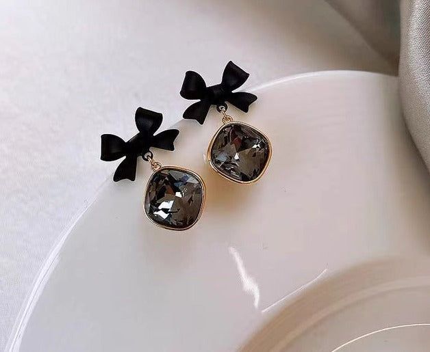 Drop Earrings Charm Jewelry ECJTX13 Black Bow Geometric Square Grey Crystal Gem