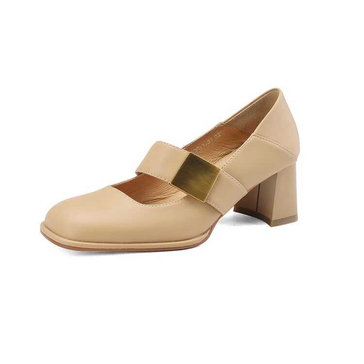 DX207  Casual Shoes - Leather Square Chunky Heel Pumps