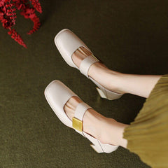 DX207  Casual Shoes - Leather Square Chunky Heel Pumps