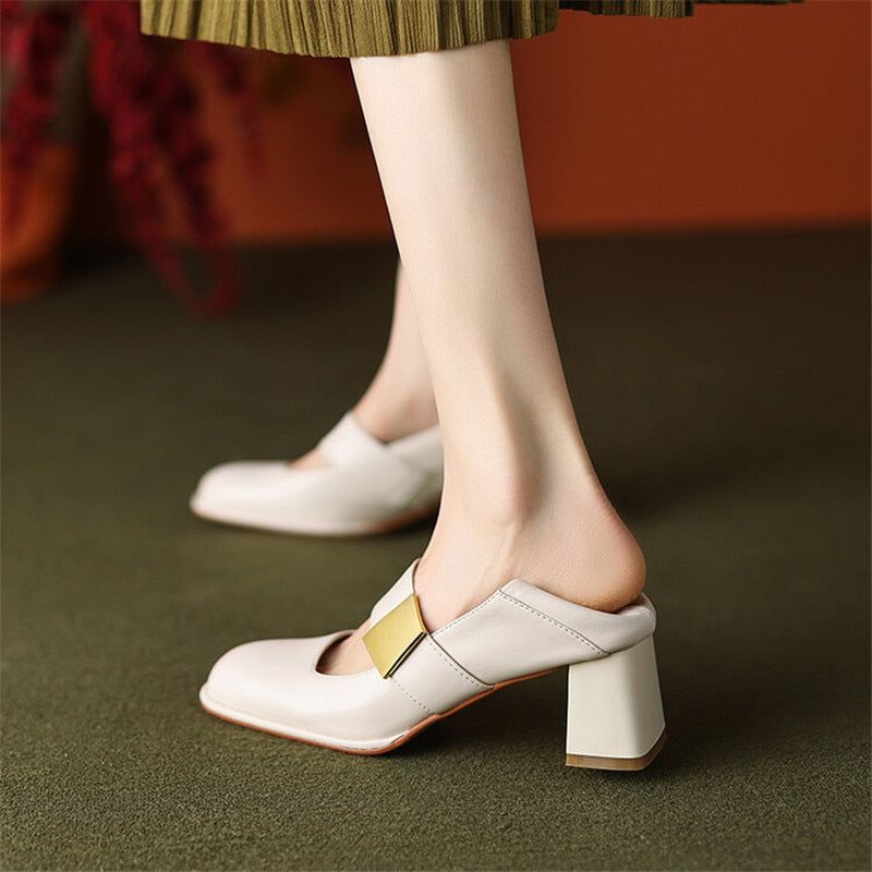 DX207  Casual Shoes - Leather Square Chunky Heel Pumps