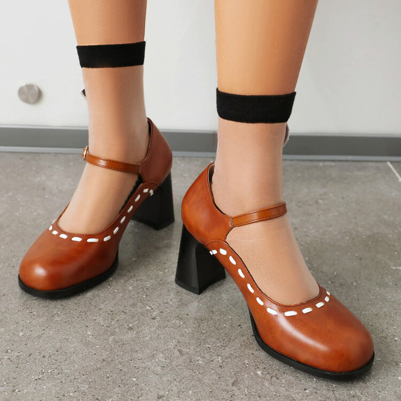 Colorblock Stitch Detail Round Toe Patchwork Strap Buckle Chunky Heels