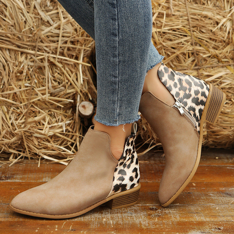 Leopard Print V Cut Patchwork Pointed Toe Ankle Boots