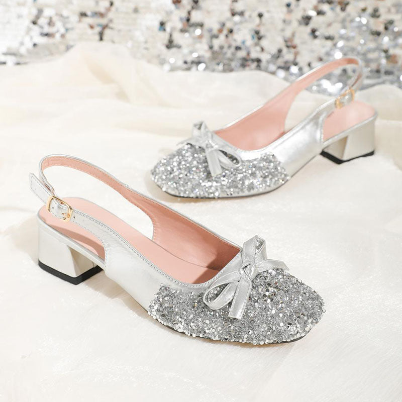 Sequin Bow Decor Square Toe Slingback Party Chunky Heels