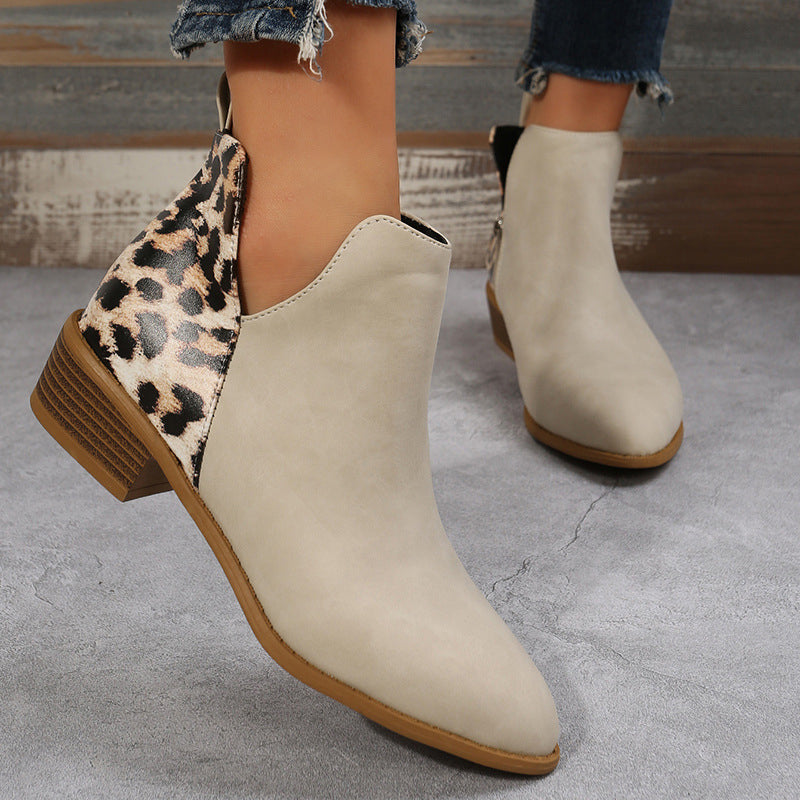 Leopard Print V Cut Patchwork Pointed Toe Ankle Boots