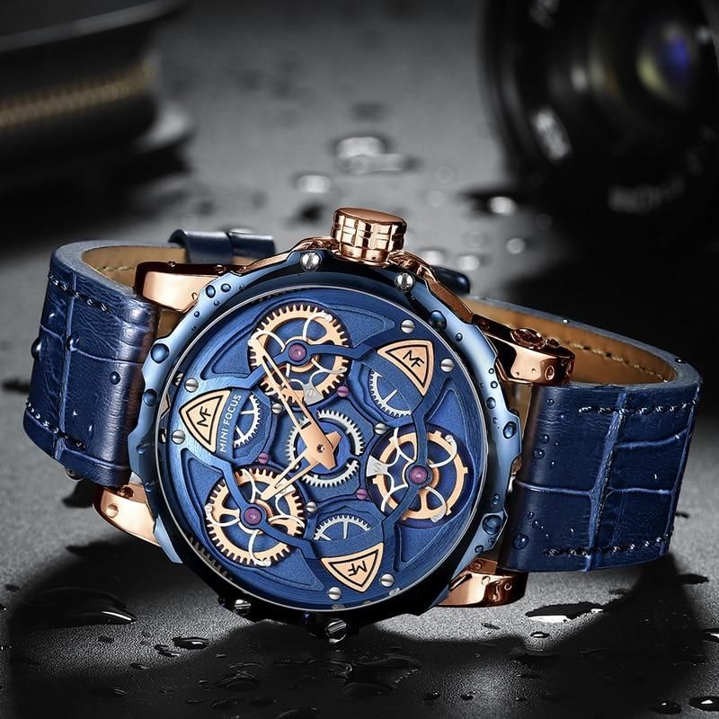 Watches Top  Sport style Design Quartz Watch Men Blue Leather Strap 30M Waterproof