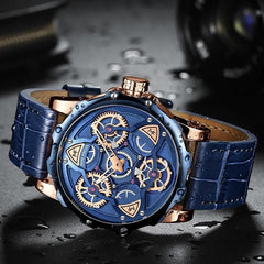 Watches Top  Sport style Design Quartz Watch Men Blue Leather Strap 30M Waterproof