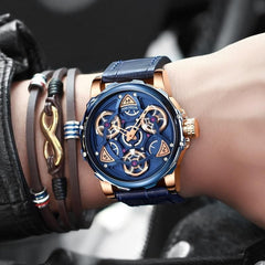 Watches Top  Sport style Design Quartz Watch Men Blue Leather Strap 30M Waterproof