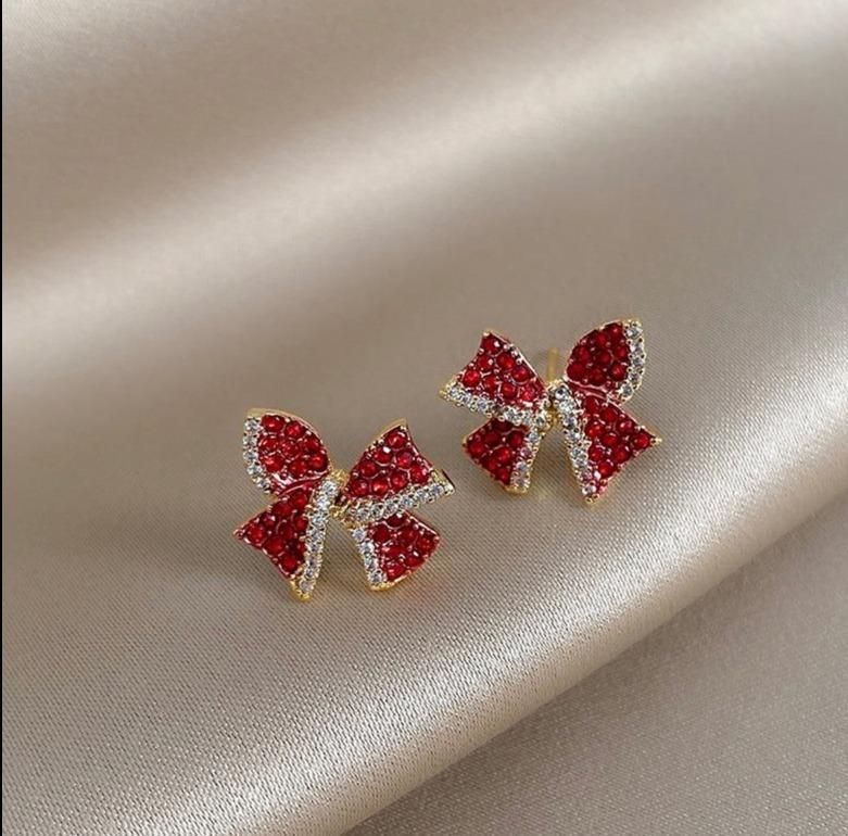 Mini Earrings Charm Jewelry Crystal Red Bowknot Accessory XYS101