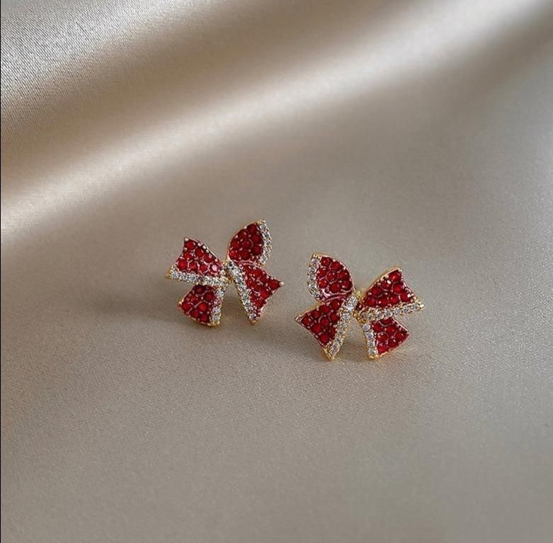 Mini Earrings Charm Jewelry Crystal Red Bowknot Accessory XYS101