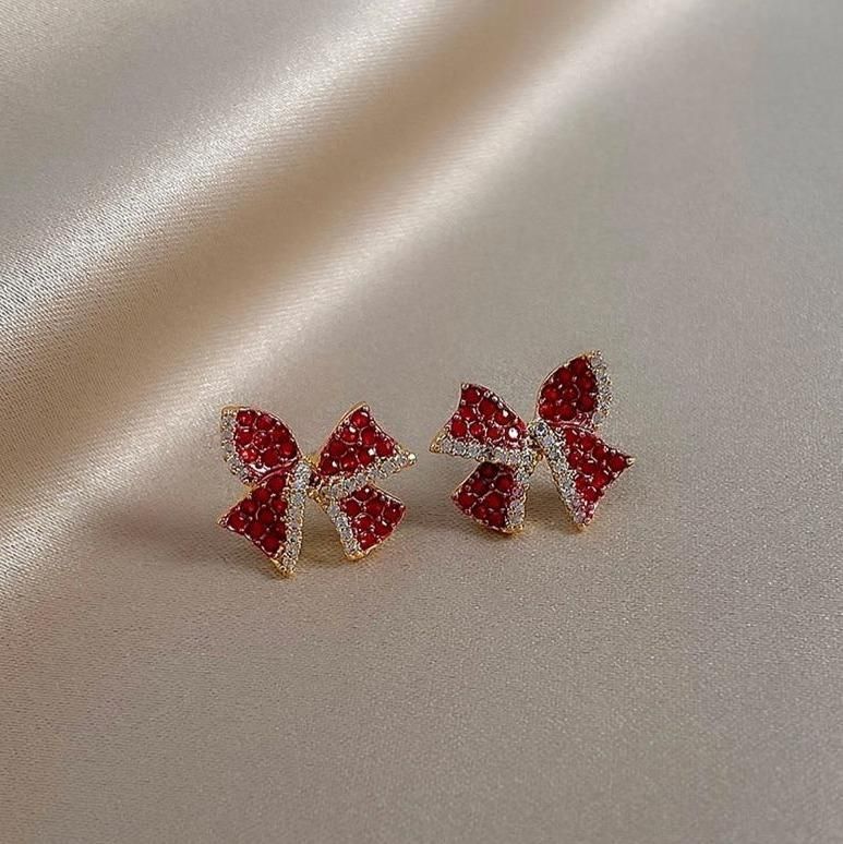 Mini Earrings Charm Jewelry Crystal Red Bowknot Accessory XYS101