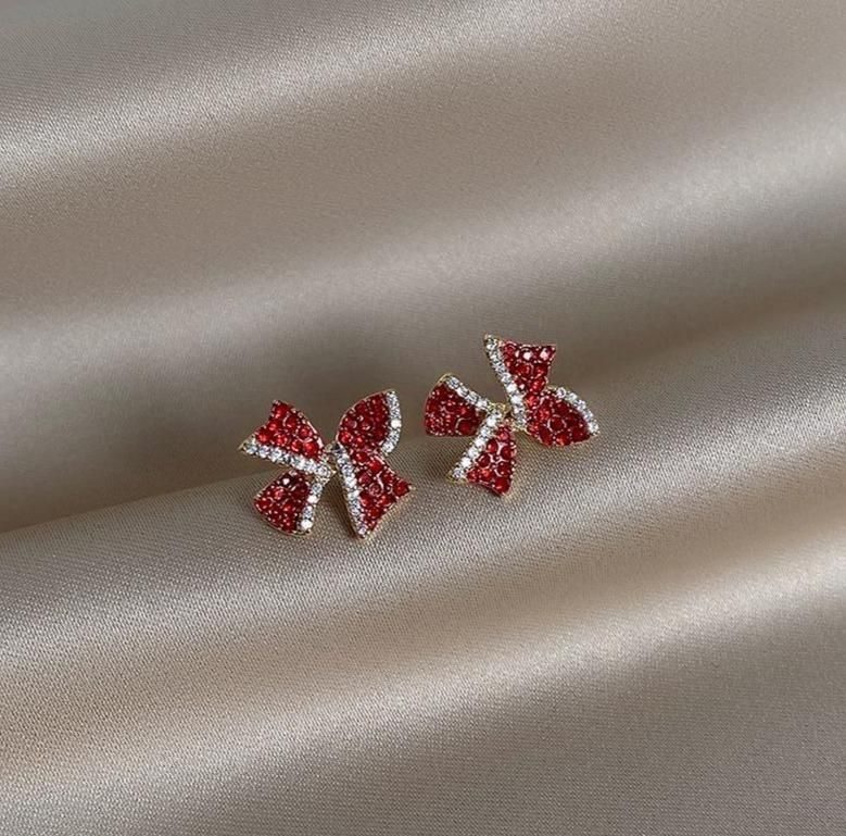 Mini Earrings Charm Jewelry Crystal Red Bowknot Accessory XYS101