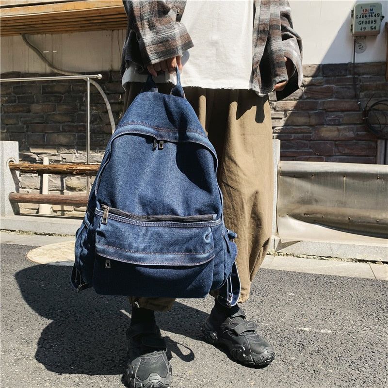 Multifunction Denim Cool Backpack EN257 - Korean Style Blue School Bag