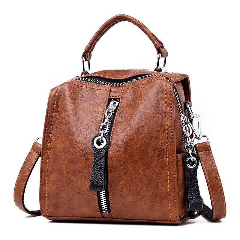 Multifunctional cool backpack new  ladies backpack soft PU leather travel bag designer personality slider bag brown