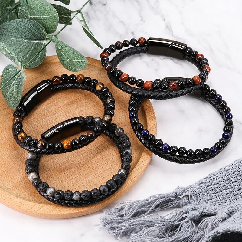 Multilayer Bracelets Charm Jewelry Nature Lava Stone Genuine Leather