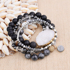 Natural Druzy Stone Bracelets Charm Jewelry Set Black Plastic Beads