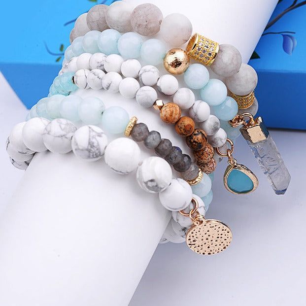 Natural Stone Glass Beads Bohemia Style 6 Pieces Bracelet Charm Jewelry Set BCJSK15