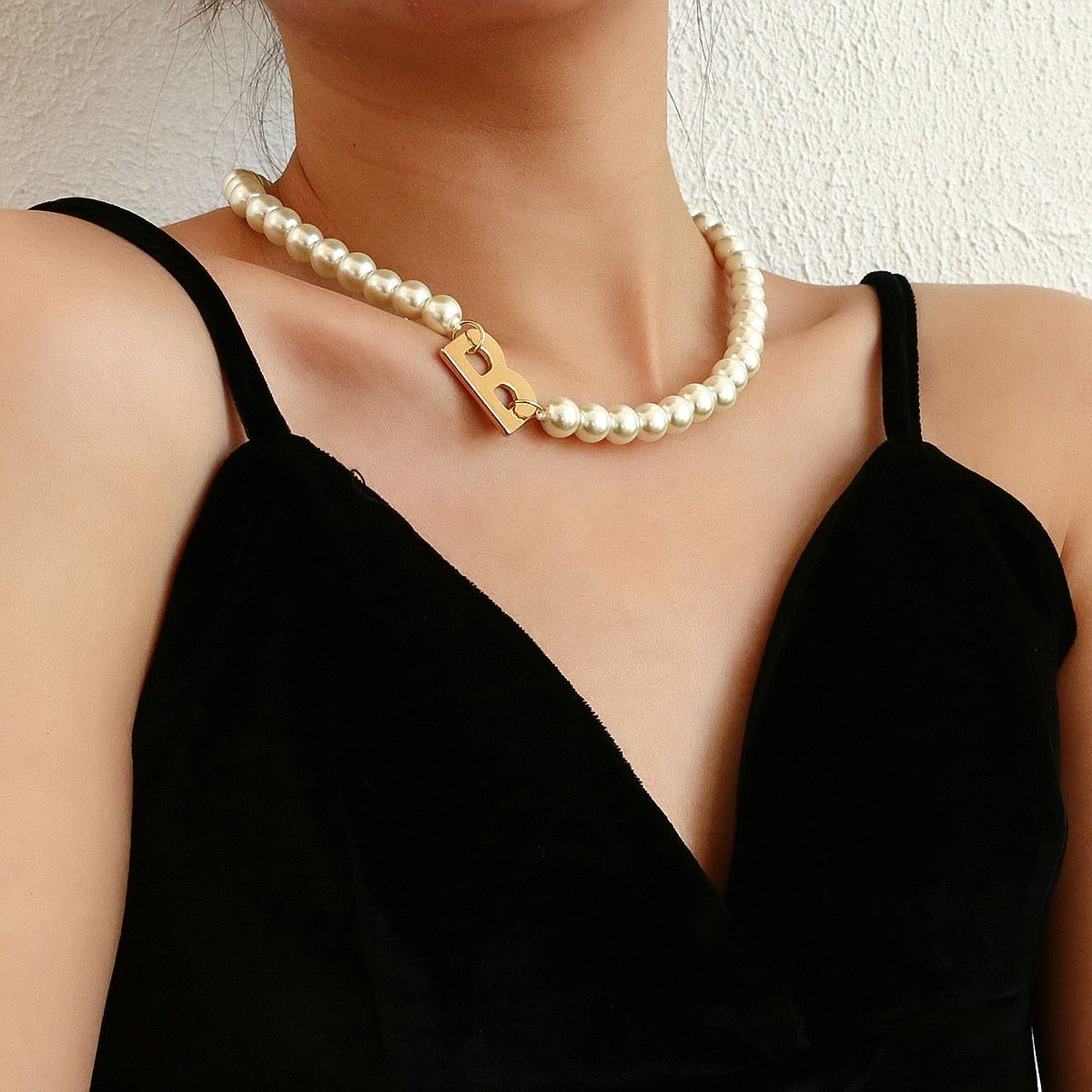 Necklaces Charm Jewelry Letter Pearl Choker Statement #ET307