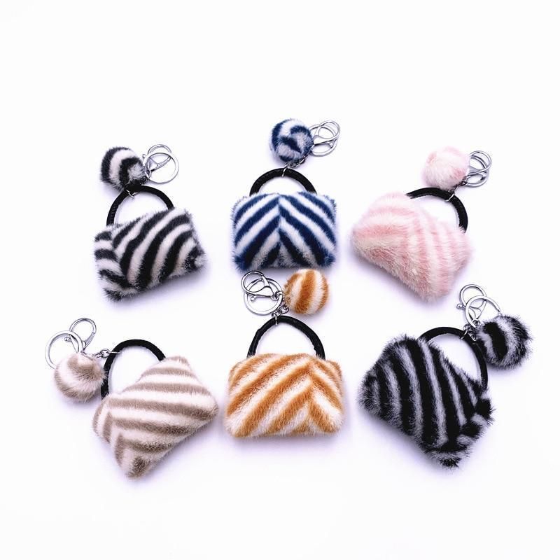 New Coin Purse Key Chain Cute Lady Bag Shape Plush Car Pendant Striped Ornament Small Gift Key Chain