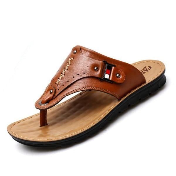 NEW   Flip Flops Summer 100% Genuine Leather Slippers Breathable Waterproof Leather Beach Slippers Casual Shoes 0032