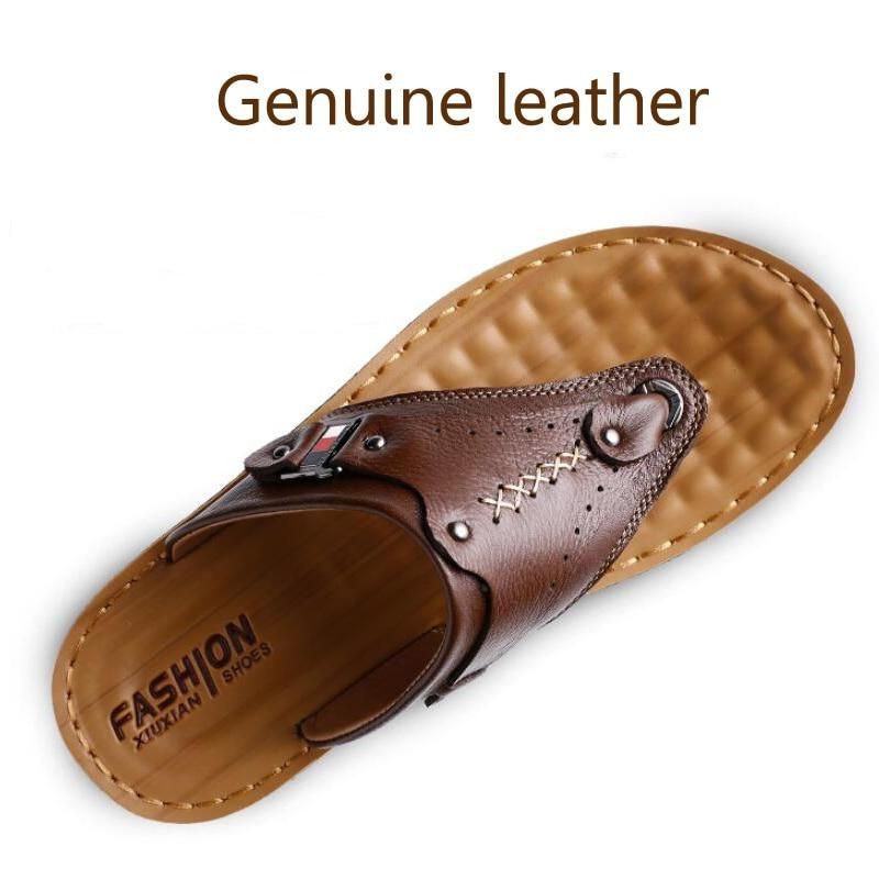 NEW   Flip Flops Summer 100% Genuine Leather Slippers Breathable Waterproof Leather Beach Slippers Casual Shoes 0032