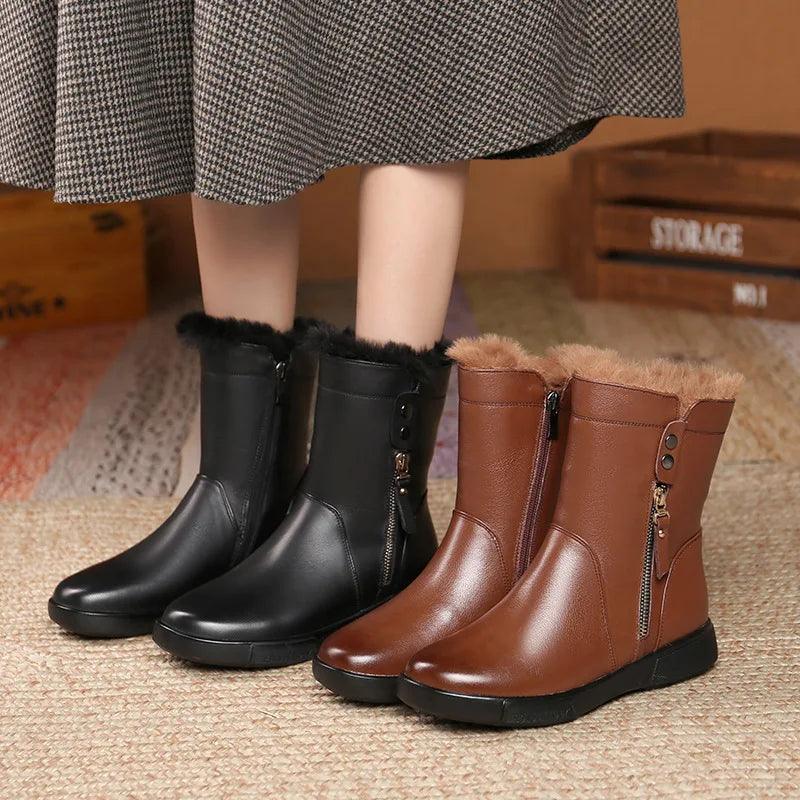 Non-Slip Leather Flat Mid-Calf Boots  Casual Shoes EK141