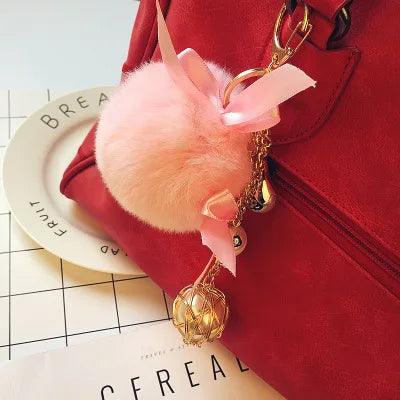 Rabbit Hair Unique Keychains Fur Pompom Ball Pearl  #A146